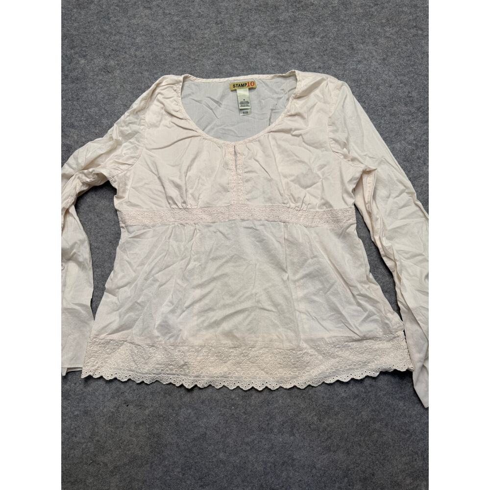 STAMP 10 White Eyelet Lace Boho Peasant Top Long Sleeve Cotton Women’s 16 Runs S